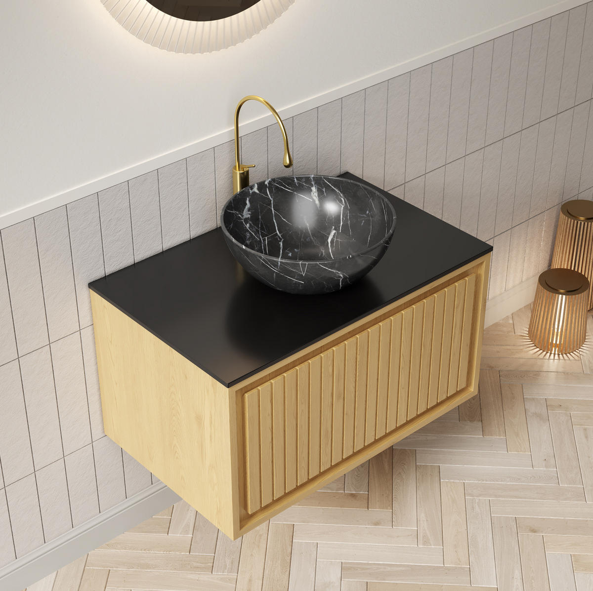 BADEZIMMERSCHRANK mit Waschtisch 61 cm Schwarz/Golden Oak - Schwarz, Holzwerkstoff (48/55.1/76cm) - Beauniv