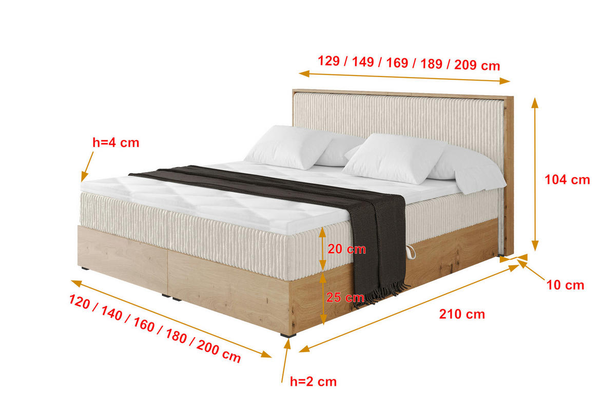 BOXBETT LOLLI9 - 140x200 - H3 Creme - Creme, Holzwerkstoff (140/200cm) - ALTDECOR