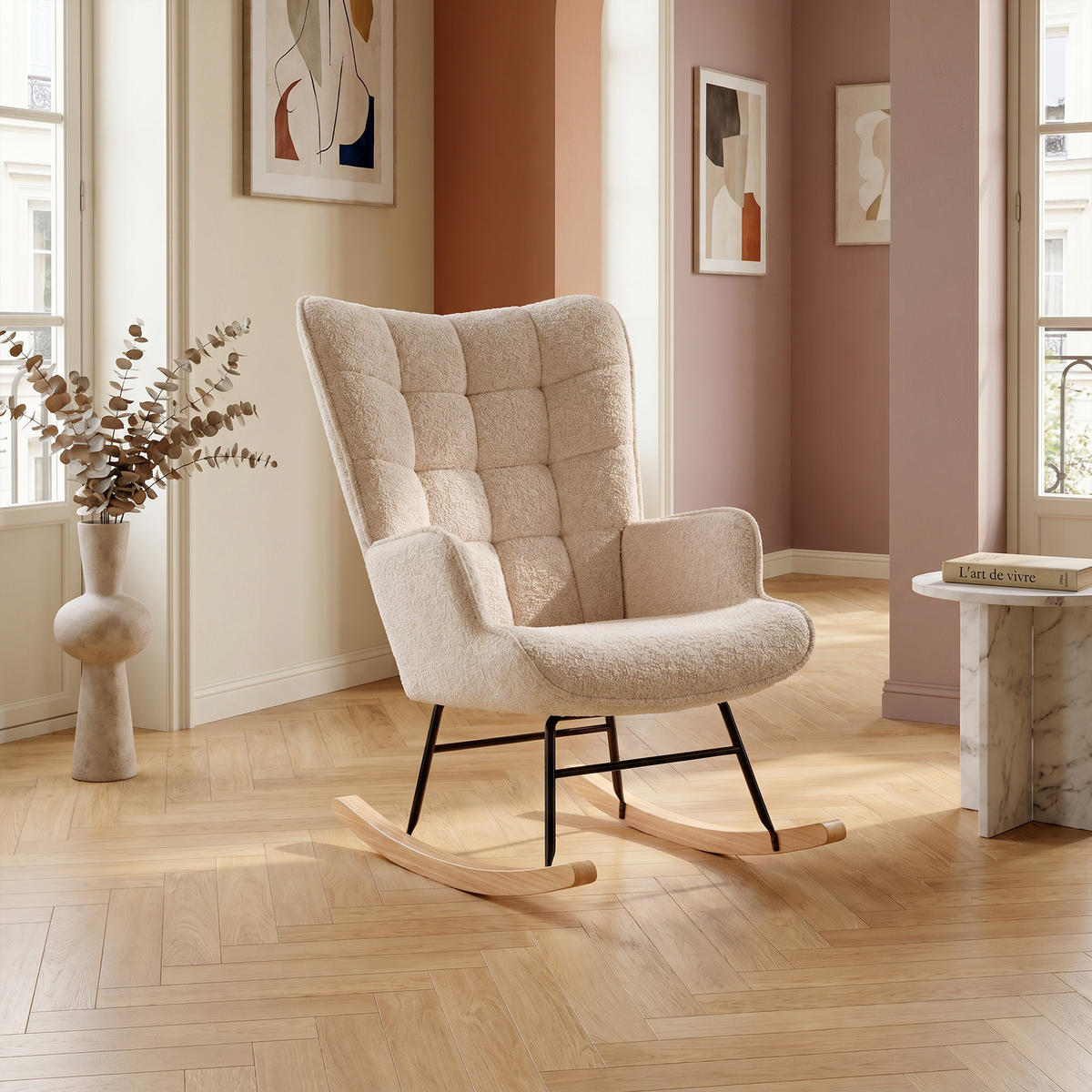 SCHAUKELSTUHL, Teddy-Velours, Skandinavisch, Belastbarkeit 120 kg, Beige - Beige/Kieferfarben, Holz/Textil (68/92/75cm) - GENKI LIVING