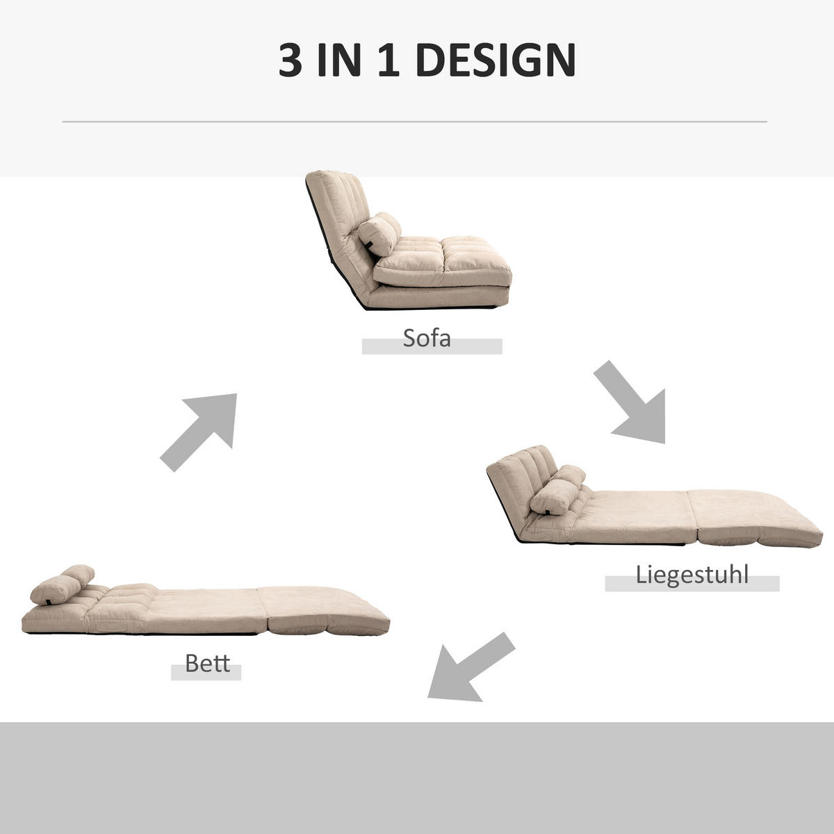 BODENSTUHL 2-in-1 Bodensessel Bett mit Rückenlehne 3 Positionen Verstellbar - Beige, Textil/Metall (73/60/102cm) - HOMCOM