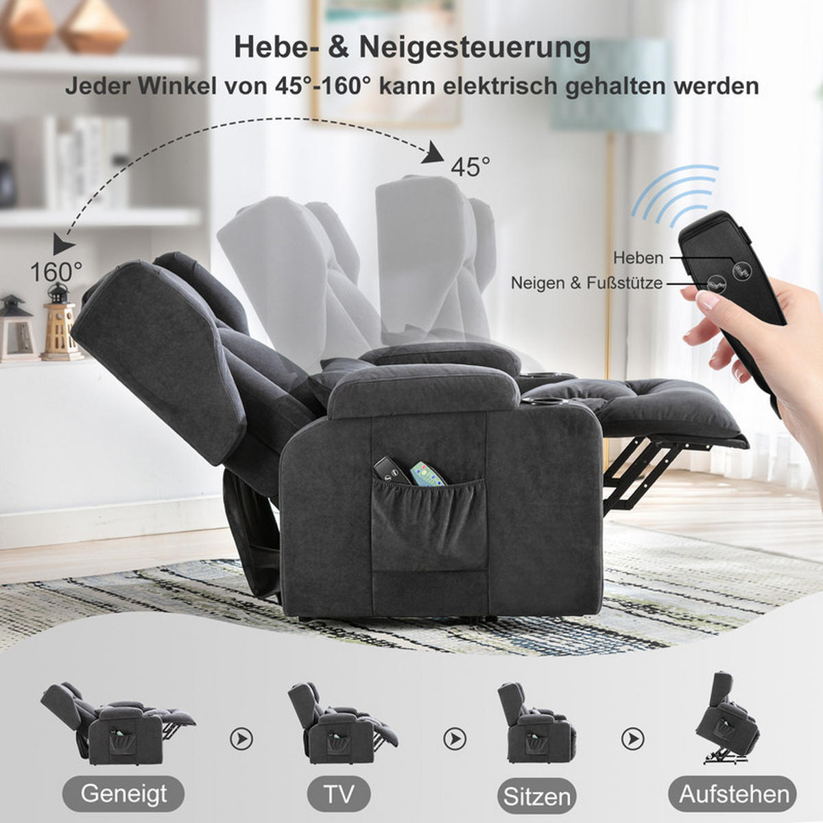 FERNSEHSESSEL mit Aufstehhilfe – elektrisch, Relaxsessel mit Massagefunktion, verstellbare Rückenlehne, Stoff - Grau, Textil (75/100/83cm) - Kaket