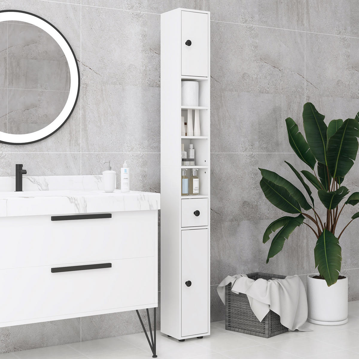 BADEZIMMERSCHRANK Spanplatte Weiß - Weiß, Karton (20/180/20cm) - Kleankin