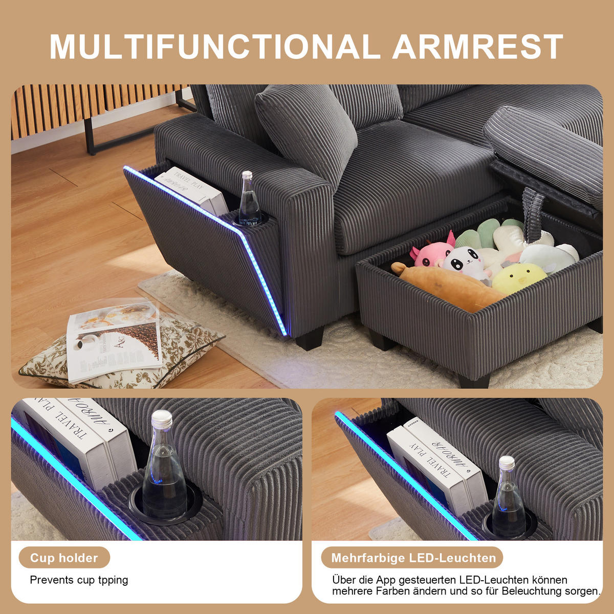 SOFA, U-Form, 2 Hocker, LED-Beleuchtung, Grau, 334x128.5x81cm - Grau, Textil (128.5/81/334cm) - FLIEKS