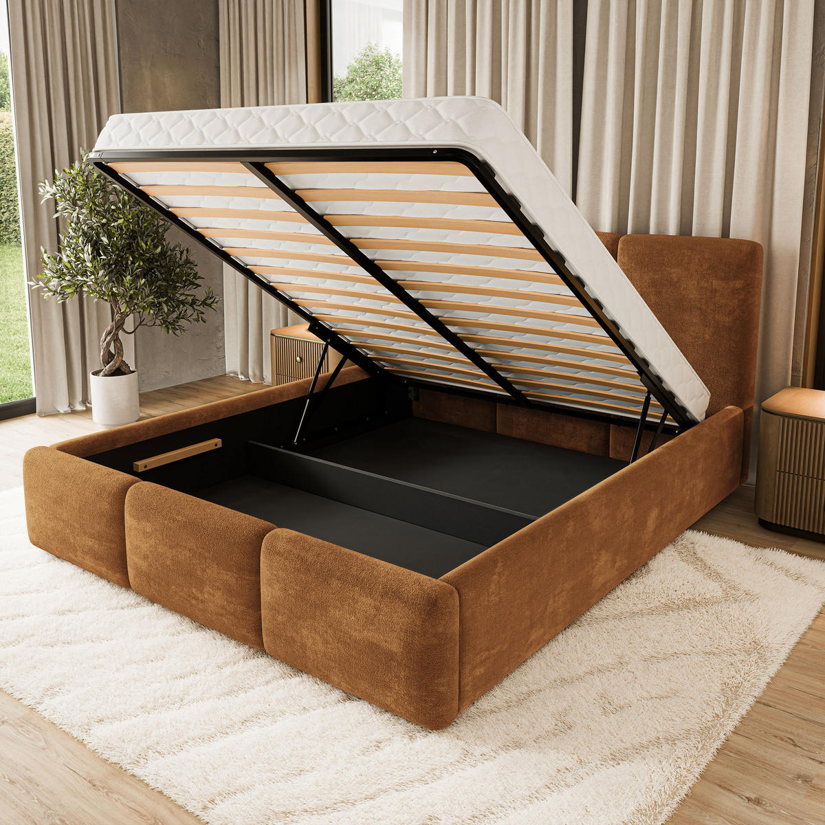 POLSTERBETT MORENA LM 160x200 cm mit Bettkästen - Hellbraun - Hellbraun, Holz (160/200cm) - MASSENO