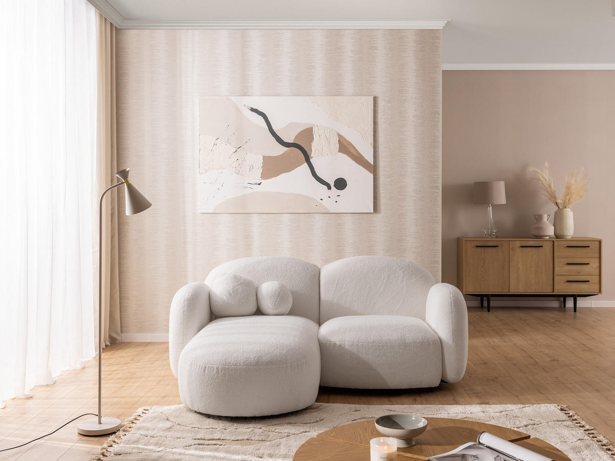 ECKSOFA Nuvola mit abgerundetem Design Weiß Bouclé-Stoff - Ottomane Links - Schwarz/Weiß, Holz/Kunststoff (190/146cm) - S-Style Möbel
