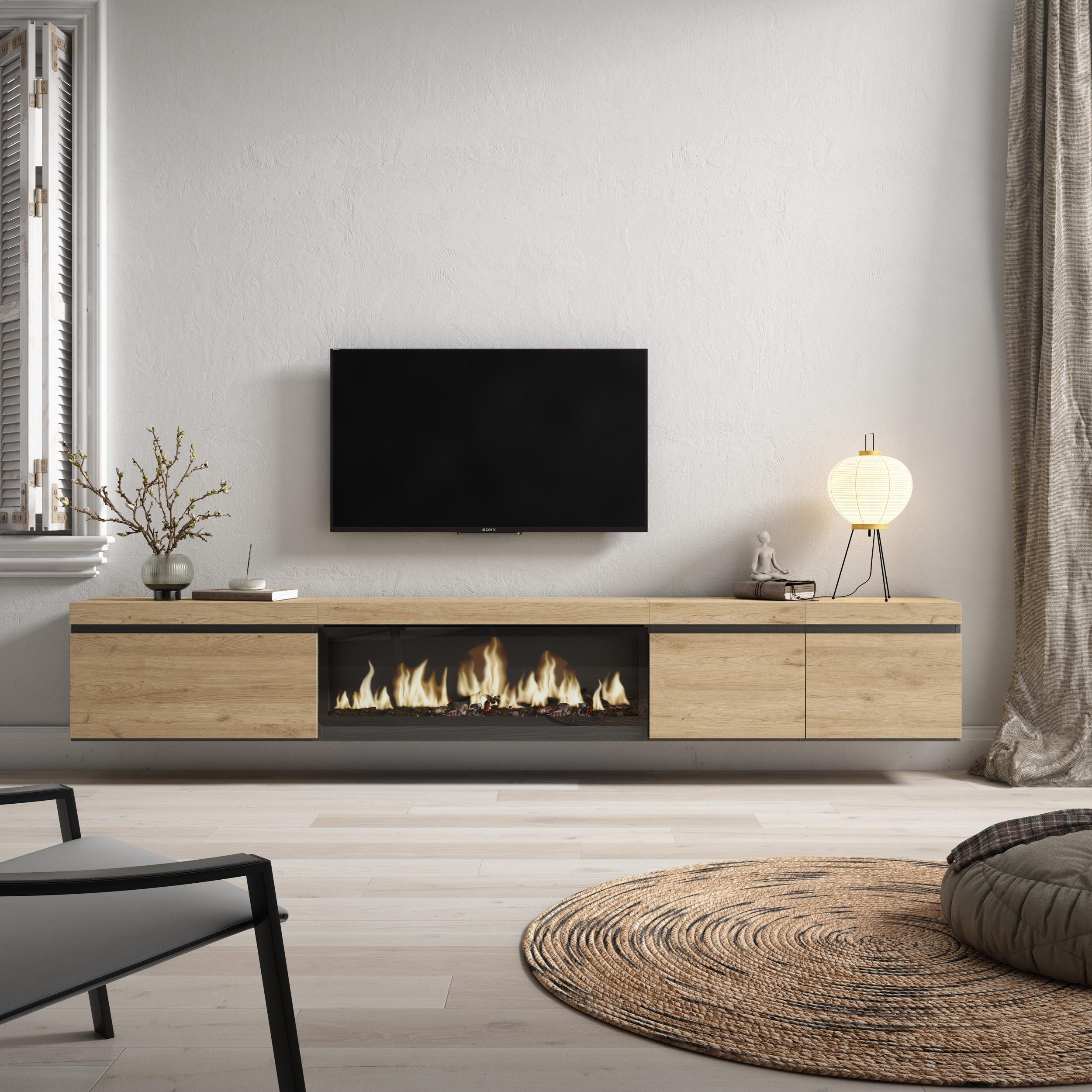 TV-SCHRANK Lowboard, Elektrokamin XXL, Hängend, eiche, 288/35/45cm - Eichefarben/Beige, Holzwerkstoff (288/45/35cm) - Skraut Home