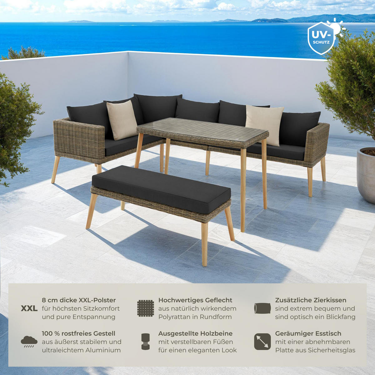 RATTANLOUNGE Pula,mit Sicherheitsglasplatte,natur - Naturfarben, Kunststoff/Metall - tectake