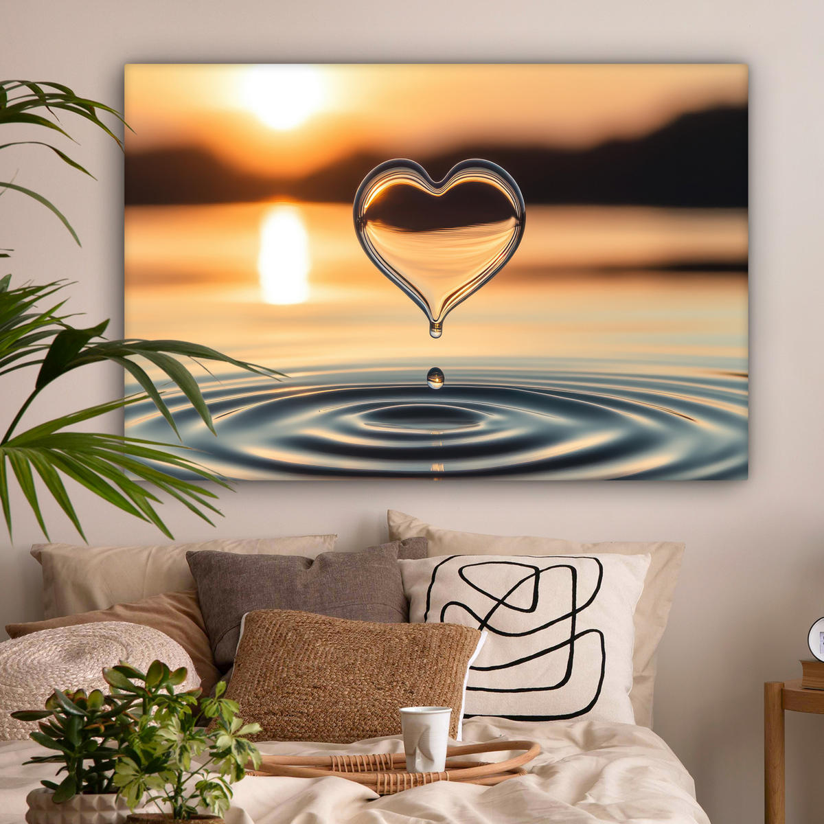 OBRAZ NA PLÁTNE Srdce - Voda - Západ slnka - Príroda - Zen 120x80 cm - jantárová, textil (120/80cm) - MuchoWow