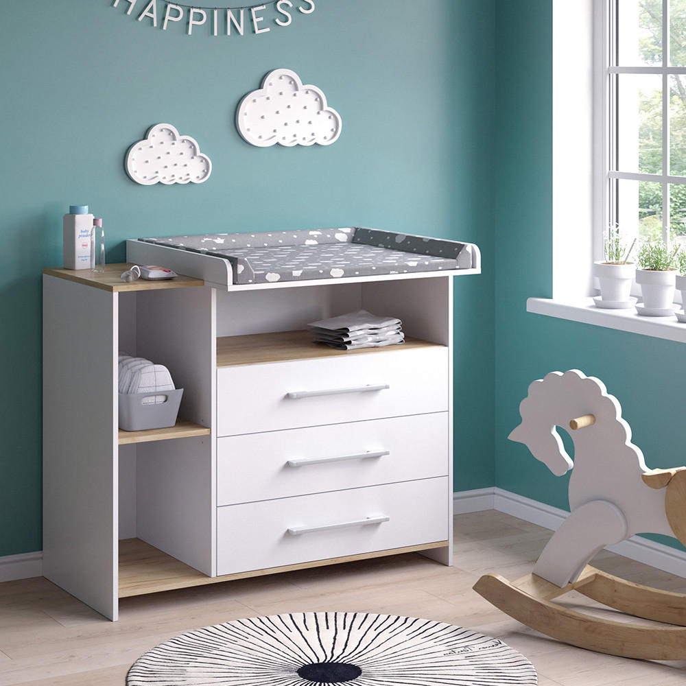 WICKELKOMMODE Oskar Weiß/Goldkraft Eiche 113 x 93 cm mit 3 Schubladen - Honigeiche/Weiß, Holzwerkstoff (113/93/53.1cm) - Vicco