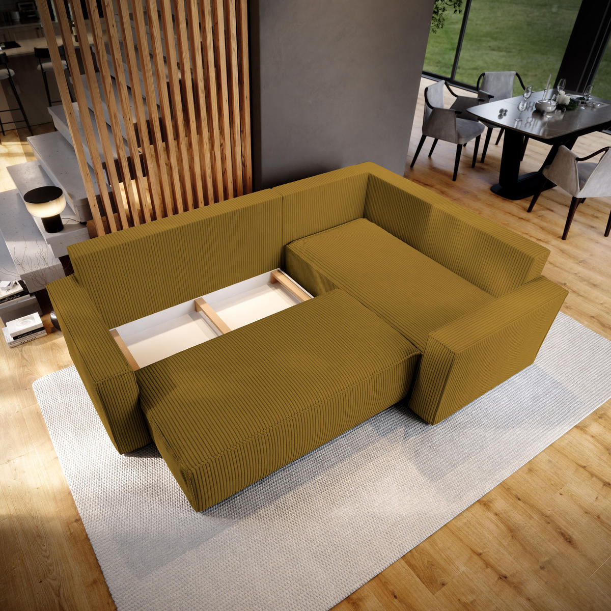 ECKSOFA ESTANO R-S Gelb Kordstoff mit Schlaffunktion - Gelb, Holz (230/158cm) - MASSENO