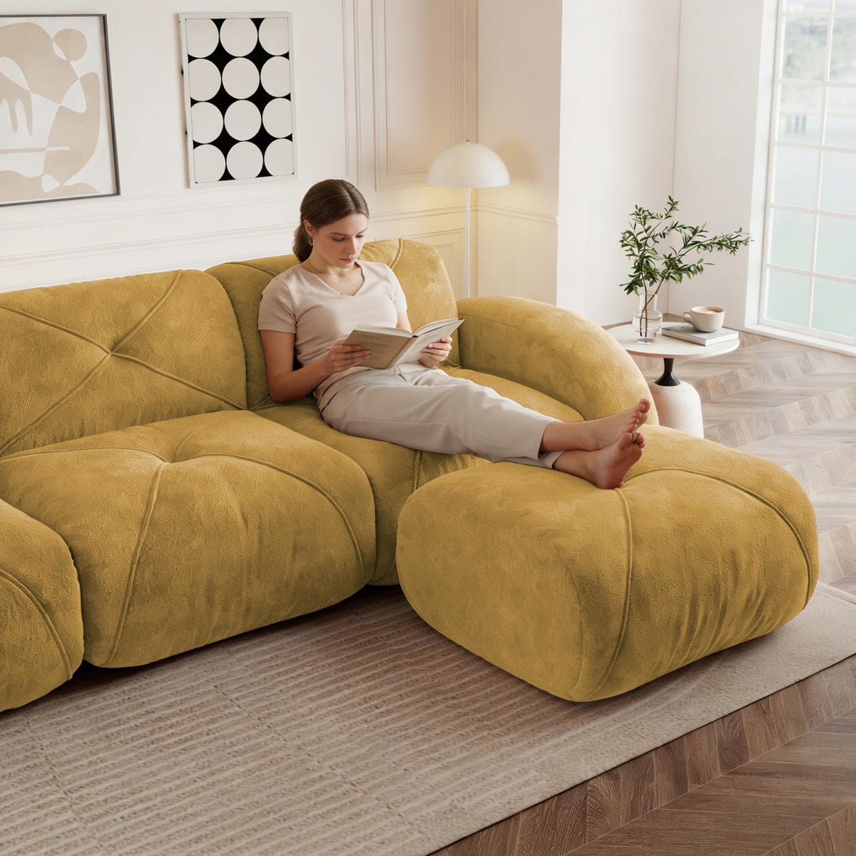 MODULSOFA U-Form 3-Sitzer mit 2 Hockern Chenille Gelb - Gelb, Kunststoff (171/76/281.1cm) - Meubliv