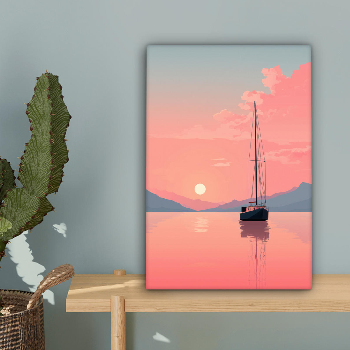 LEINWANDBILD Segelboot - Rosa Meer - Sonnenuntergang - Berge Deko Wohnzimmer 20x30 cm - Rosa, Textil (20/30cm) - MuchoWow
