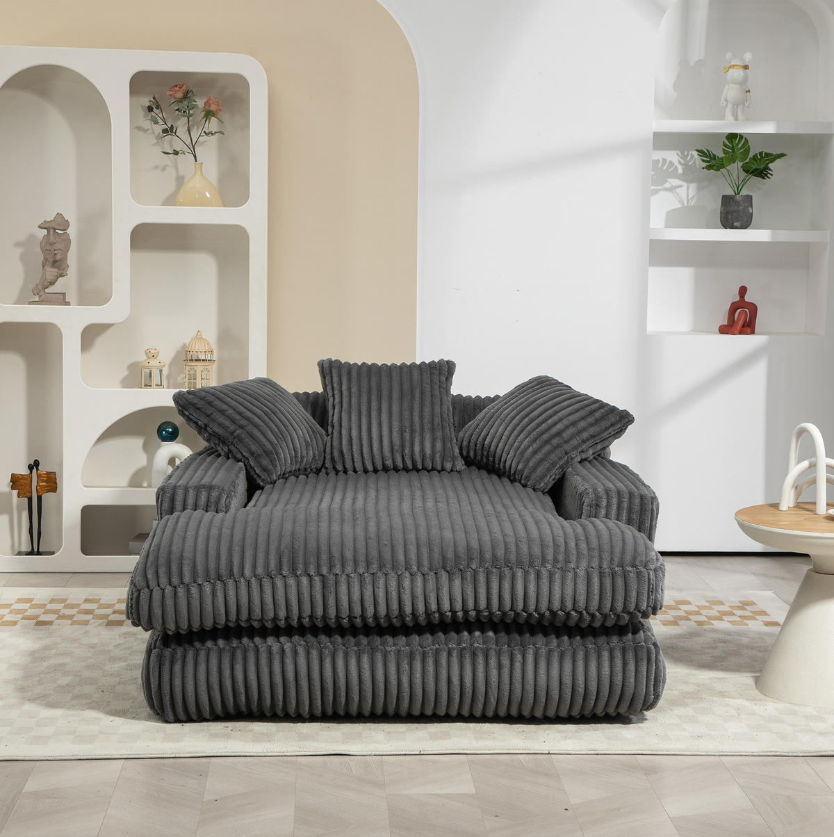 CHAISELONGUE aus Cord 125 x 155 cm dunkelgrau mit 3 Kissen - Dunkelgrau, Kunststoff (155/63/125cm) - Meubliv