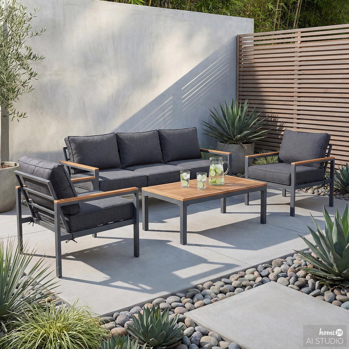 LOUNGESET - 4-teilig - Webstoff / Akazie massiv - Grau / Akazie Braun - Grau, Holz/Textil - home24