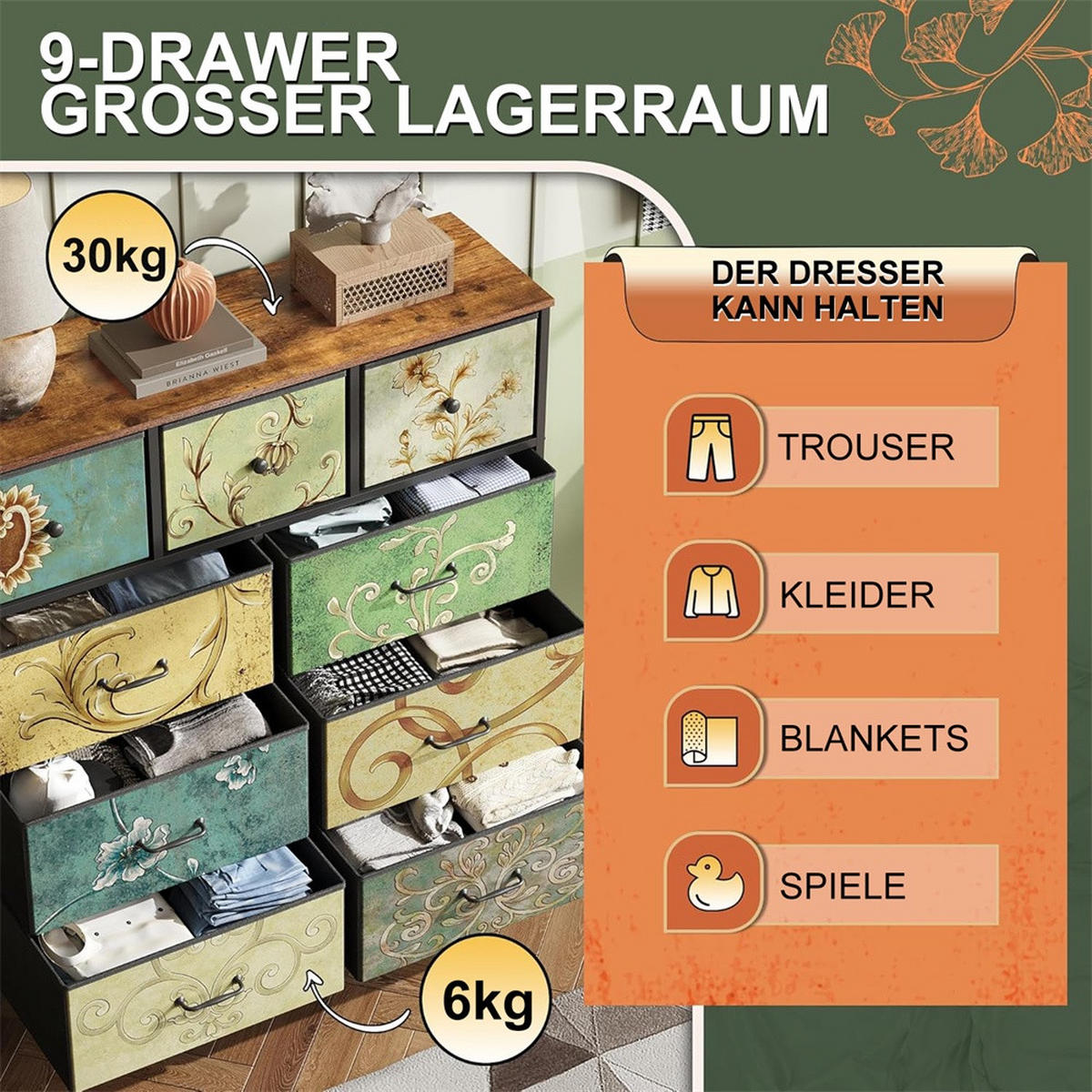 KOMMODE mit 9 Schubladen - bunte Vintage-Muster und nostalgische Griffe - Mehrfarbig - Multicolor, Metall (100/100/30cm) - DELFA