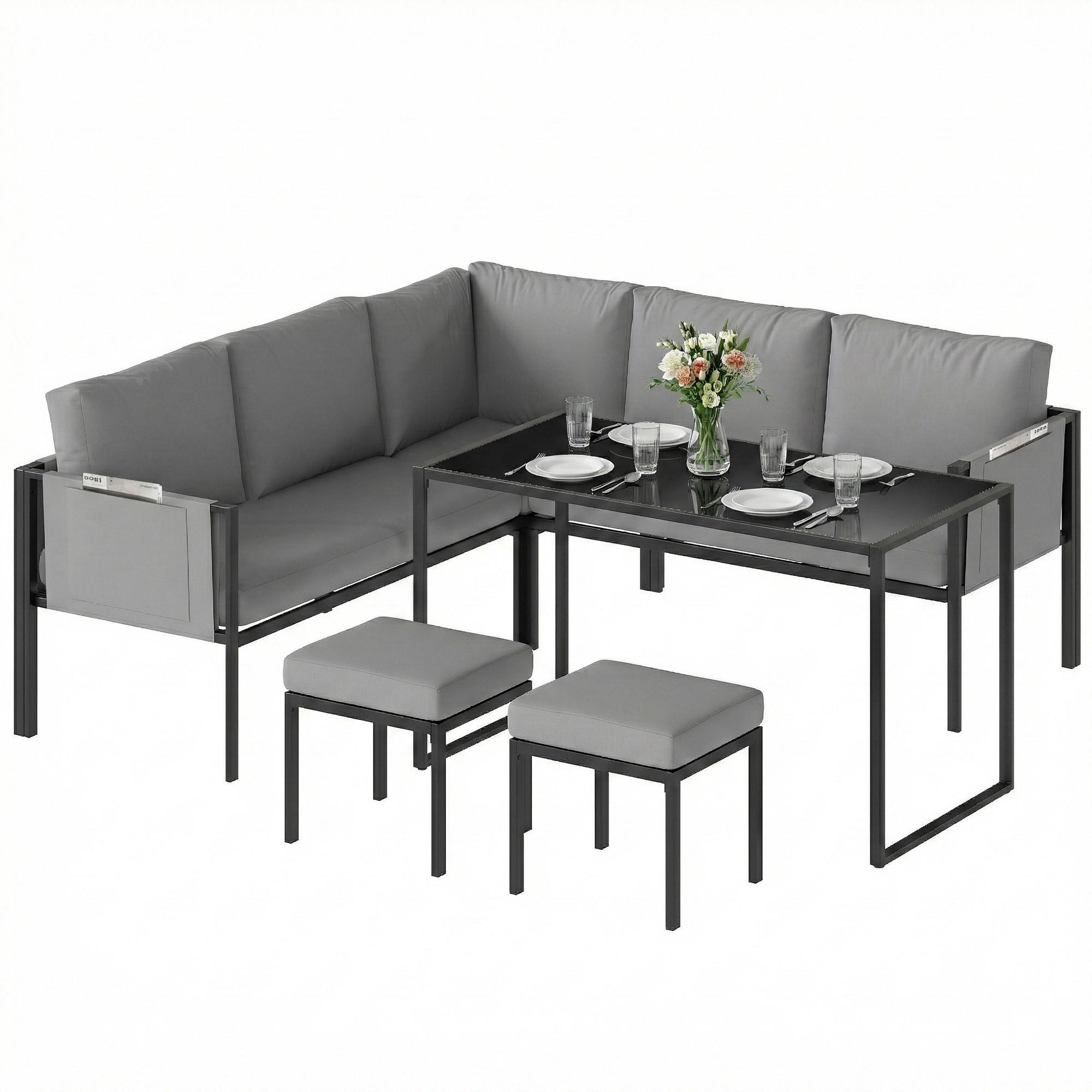 GARTENSET DE-13519 6-teilig mit Tisch & 2 Hockern Grau - Grau, Metall - ComfortXL