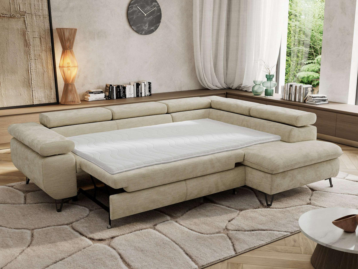 ECKSOFA PABLO L Beige Schenille glatt - Rechts Seite mit Visco Topper - Beige/Schwarz, Textil/Metall (273/208cm) - MKS