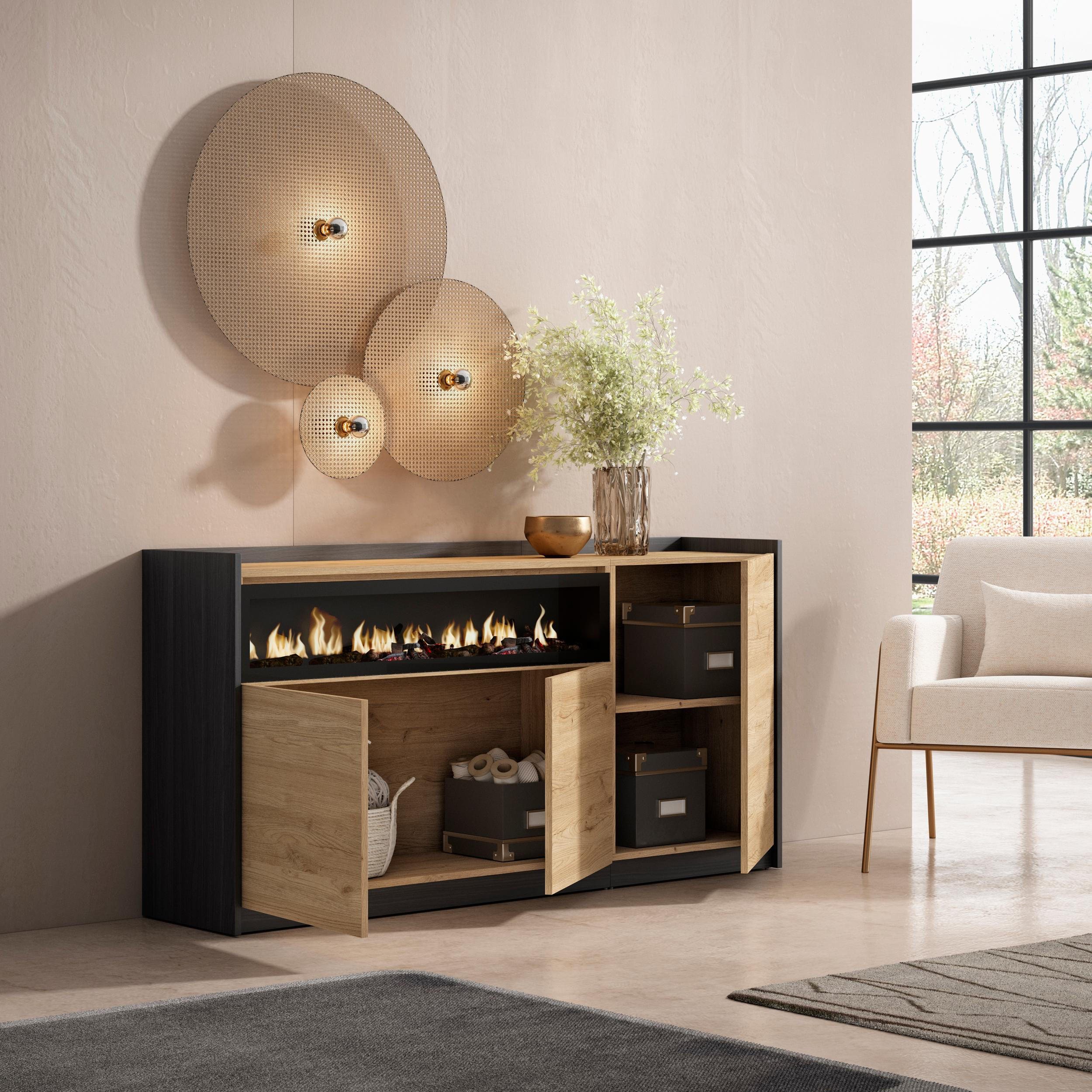 SIDEBOARD, Highboard, Eiche Schwarz, Elektrokamin, 156/37/80cm - Eichefarben, Holzwerkstoff (156/80/37cm) - Skraut Home