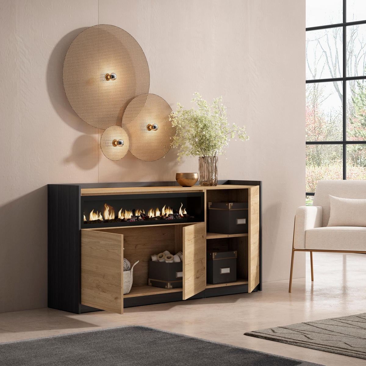 SIDEBOARD, Highboard, Eiche Schwarz, Elektrokamin, 156/37/80cm - Eichefarben, Holzwerkstoff (156/80/37cm) - Skraut Home