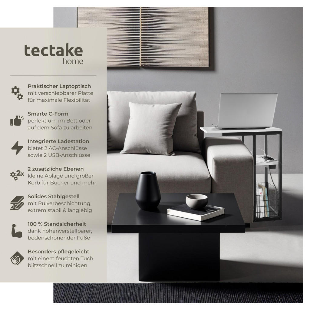 Thumbnail - tectake Laptop-Beistelltisch, Weiß, Metall, Beton Optik, 30x62.5x73 cm, CE, Wohnzimmer, Wohnzimmertische, Beistelltische