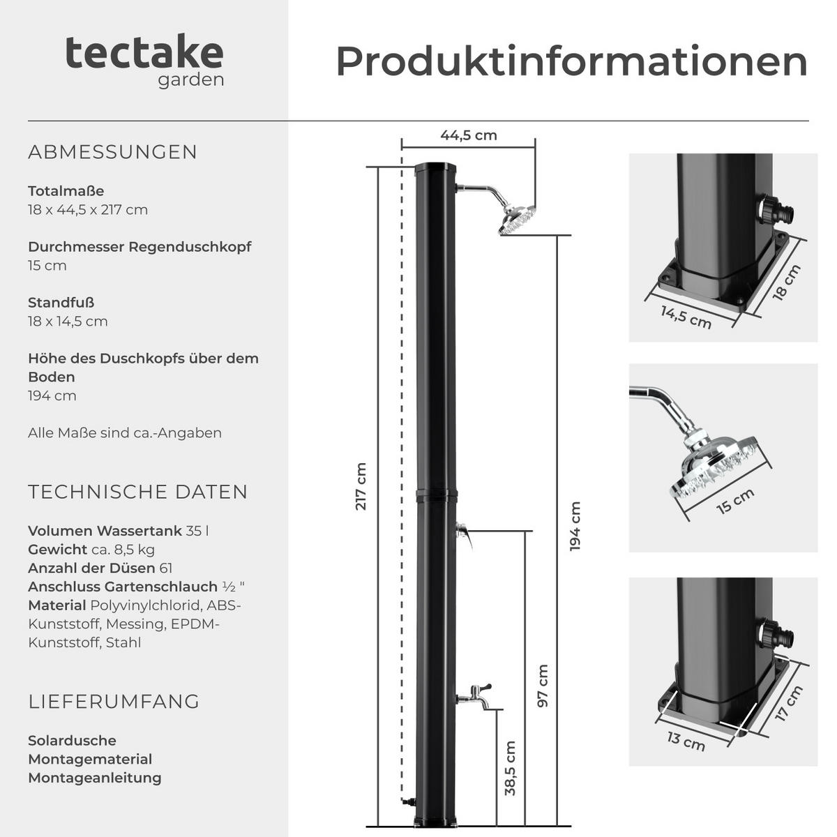 SOLARDUSCHE Ofanto,inklusive Wasserhahn,schwarz - Schwarz, Kunststoff (18/217/44.5cm) - tectake