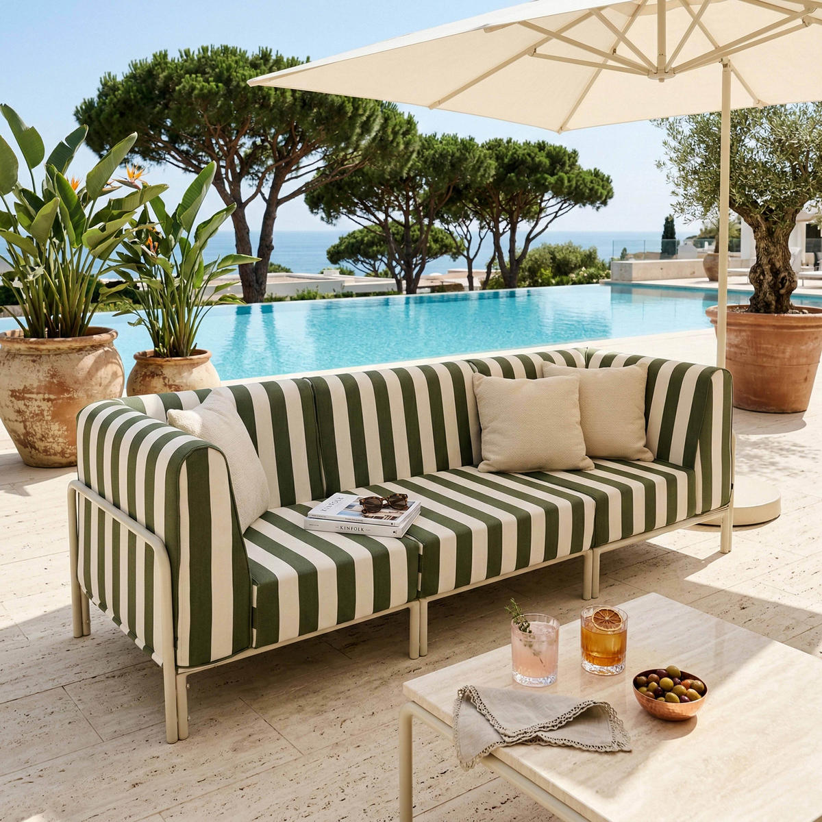 GARTENSOFA mit 3 Sitzplätzen, Khakigrün - Grün, Textil (80/78/216cm) - Oviala