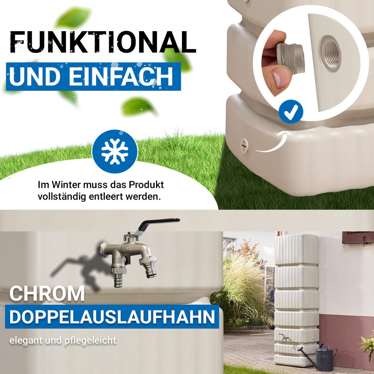 REGENTONNE Wandtank Komplett-Set 350 L, sandbeige inkl. Chrom-Doppelauslaufhahn und Fallrohranschluss - Beige, Kunststoff (39/184/60cm) - 4rain