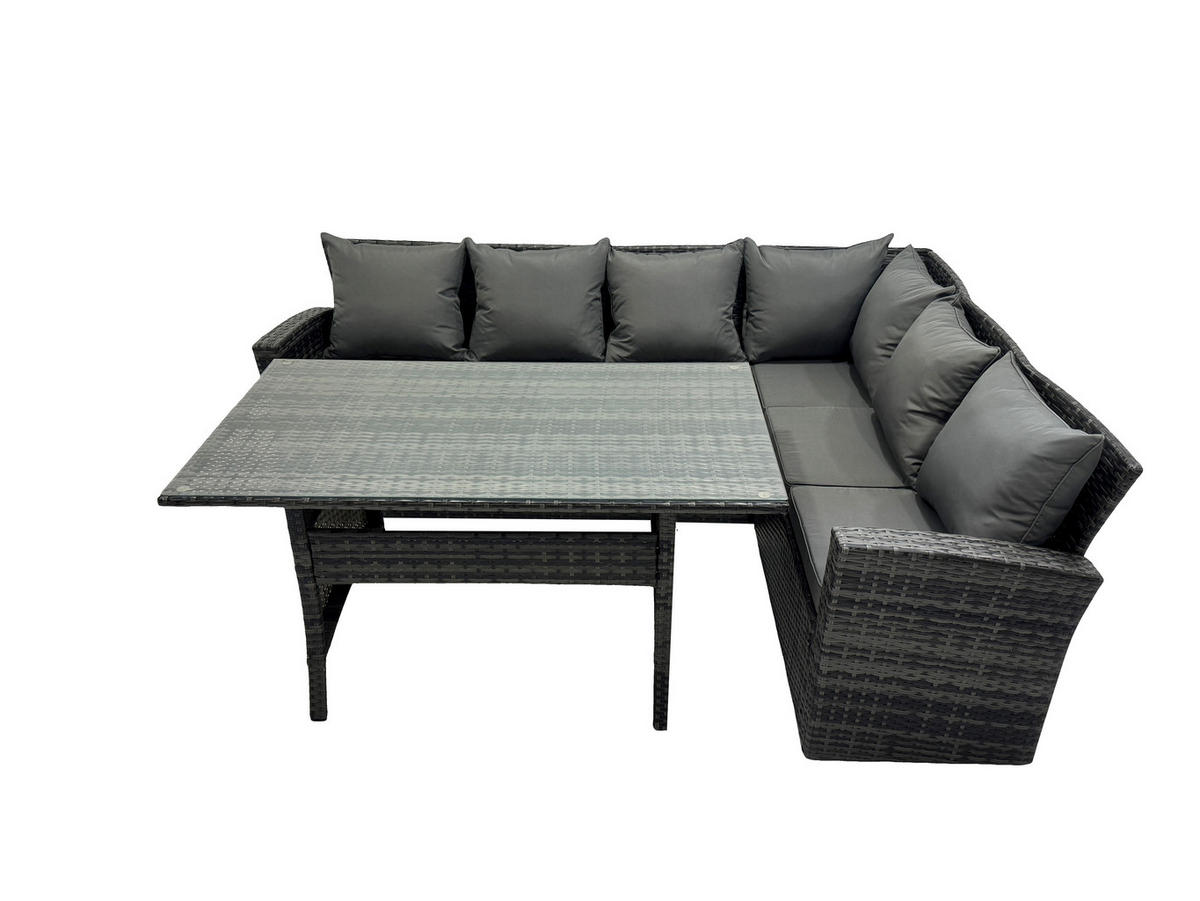 LOUNGEGARNITUR mit Esstisch Sofa Polyrattan Dunkelgrau 6-Sitzer - Dunkelgrau/Grau, Glas/Kunststoff - Fimous