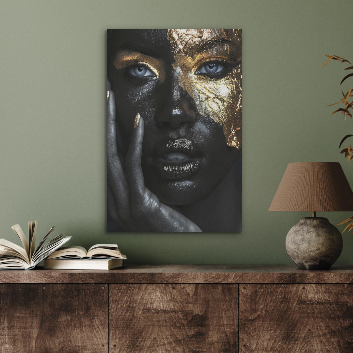 AKUSTIKBILD Frau - Gold - Porträt - Schwarz-Weiß - Luxus Kunstdruck Schlafzimmer 50x70 cm - Hellblau, Kunststoff (50/70/0.9cm) - MuchoWow