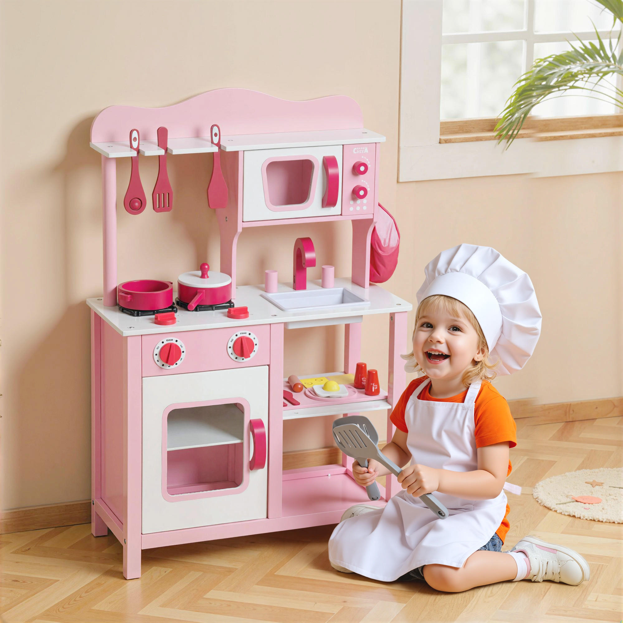 KINDERKÜCHE Spielküche mit Backofen, Herd, Spüle, Soundfunktion, Rosa - Rosa, Holzwerkstoff (24/55cm) - AIYAPLAY