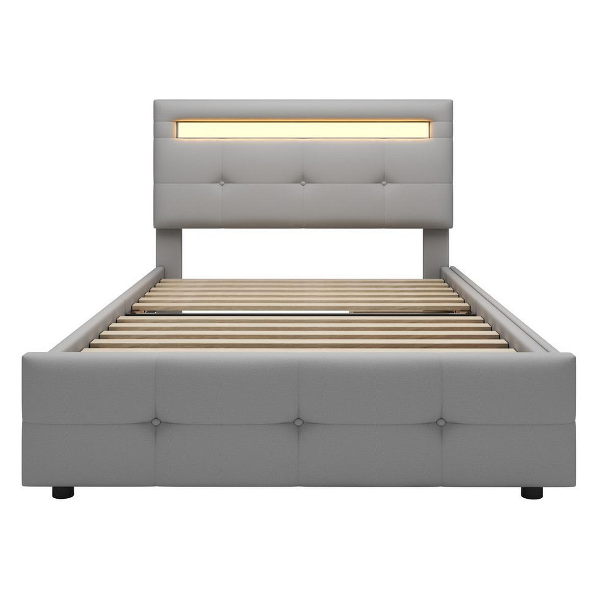 BETT 90x200 GRAU, LED, 2 SCHUBLADEN, LEINEN - Grau, Holzwerkstoff (90/200cm)
