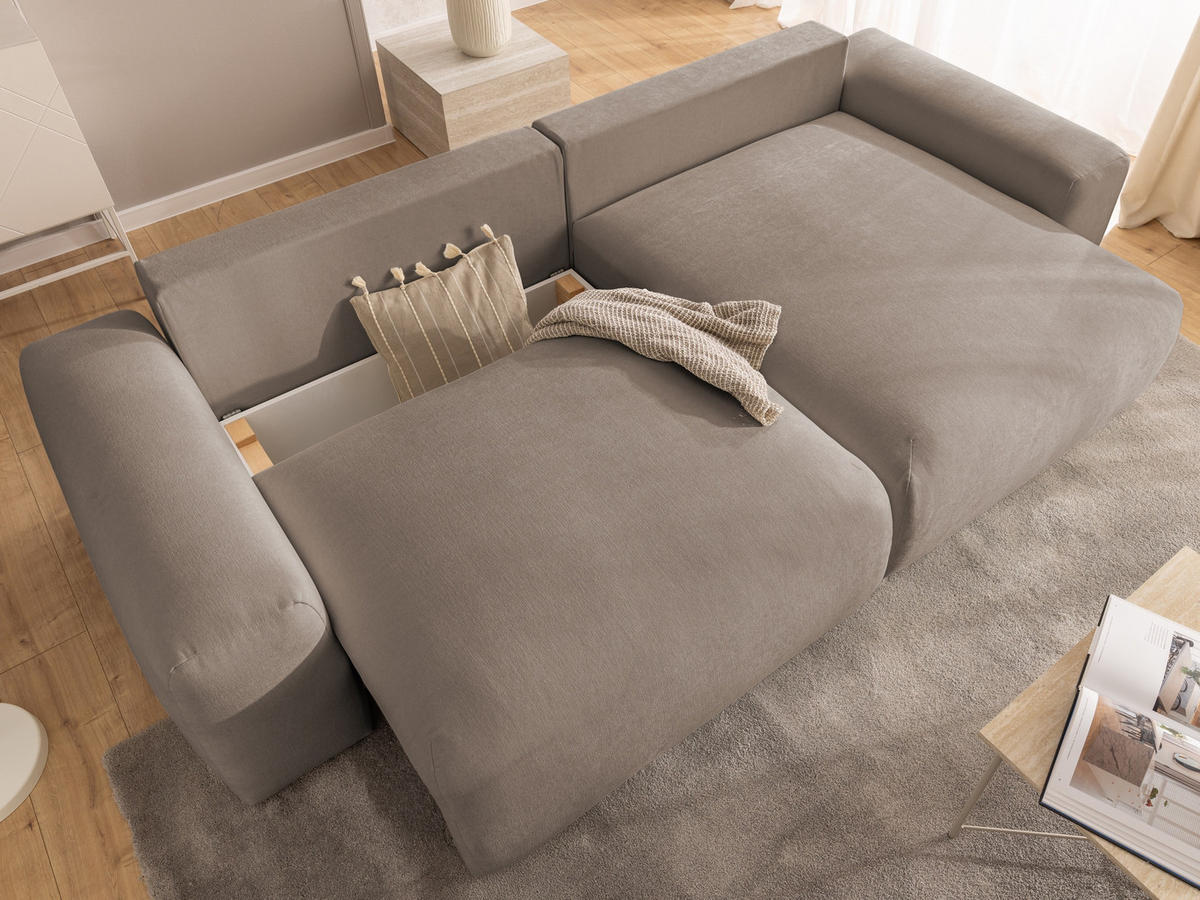 ECKSOFA Puffy mit Schlaffunktion und Bettkasten - besonders weich und puffig aus Greige Webstoff - Ottomane rechts - Greige/Schwarz, Holz/Kunststoff (266/138cm) - S-Style Möbel