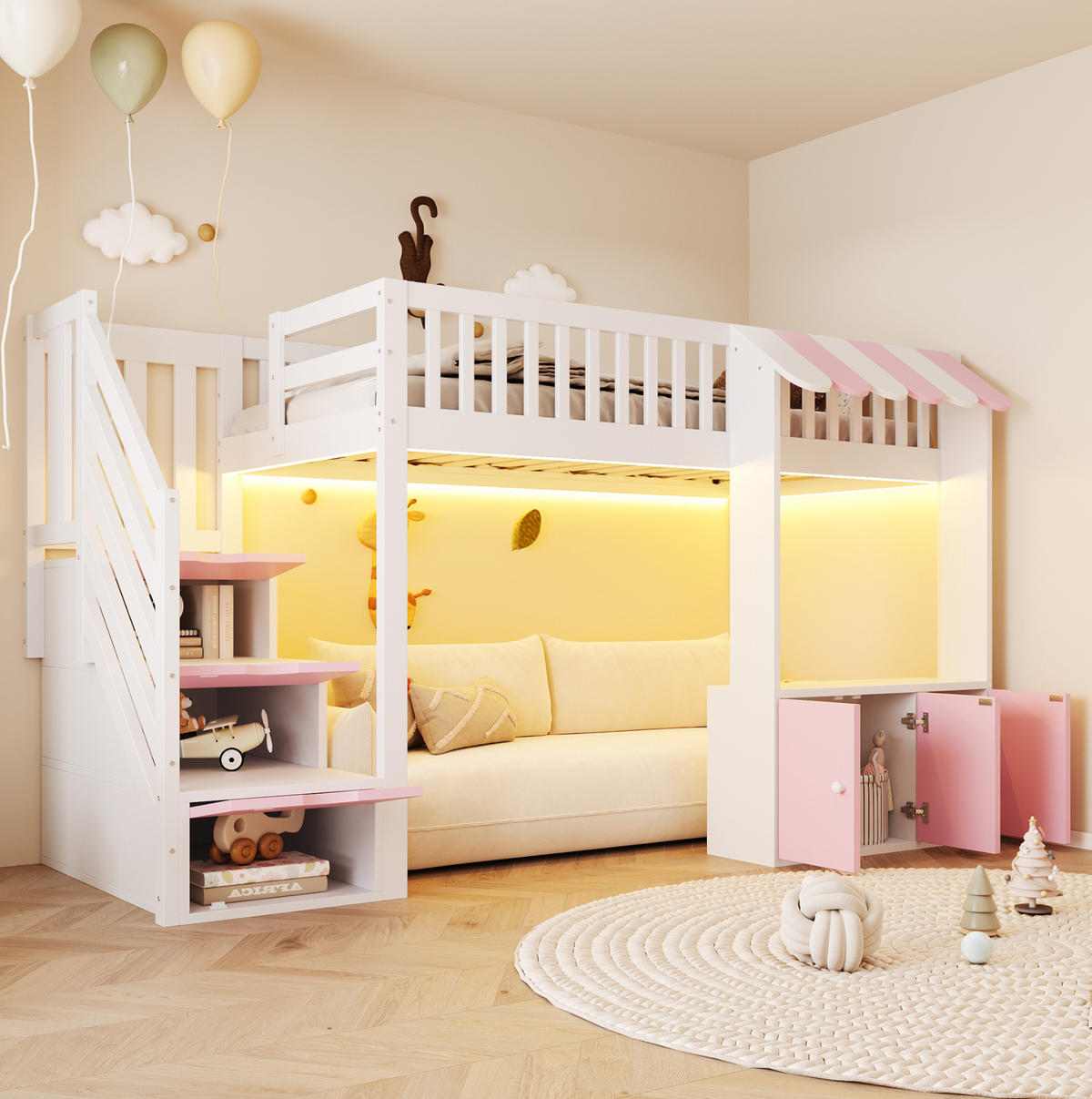 HOCHBETT aus Kiefernholz und MDF 90x200 cm Rosa/Weiß mit Stauraumtreppe, Schrank und LED-Beleuchtung - Weiß, Holz (90/200cm) - Modfu