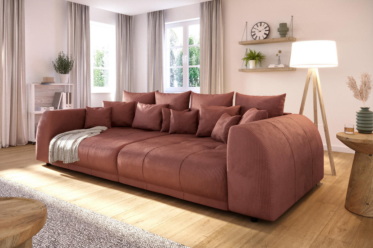 BIGSOFA Levana 5 Sitzer Terrakotta Cord-Stoff - Terracotta/Schwarz, Holz/Kunststoff (310/86/135cm) - S-Style Möbel