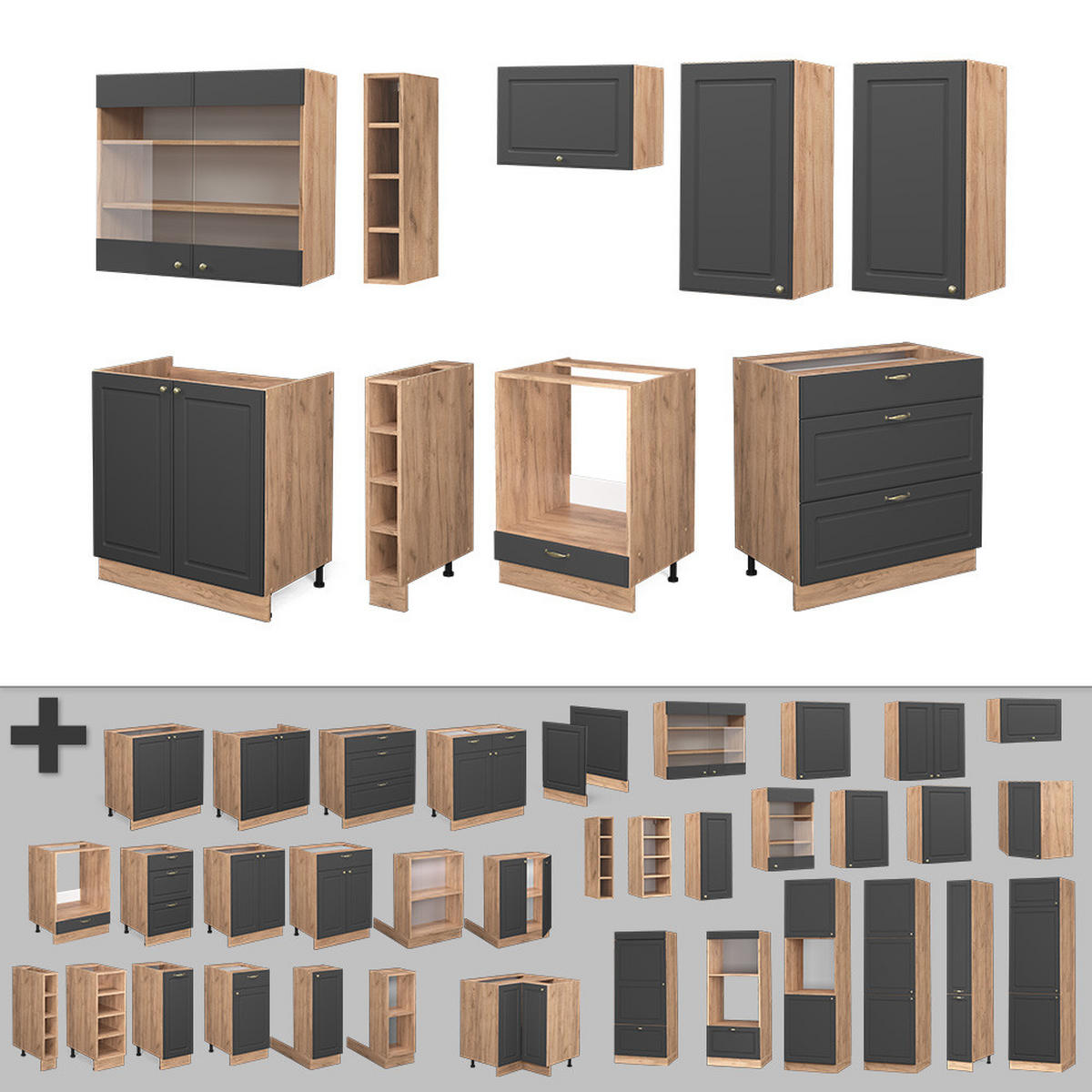 KÜCHENZEILE Fame-Line Anthrazit Landhaus/Goldkraft Eiche 235 cm AP Marmor - Honigeiche/Dunkelgrau, Holzwerkstoff (235/81.6/60cm) - Vicco