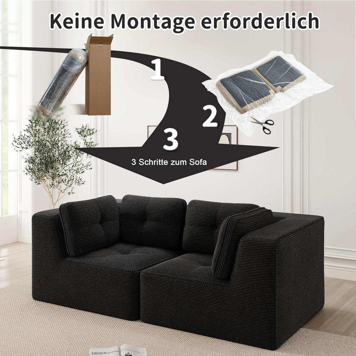 2-SITZER mit rahmenloser Konstruktion und Cordstoff - Schwarz, Textil (208/69/104cm) - EVRYAE