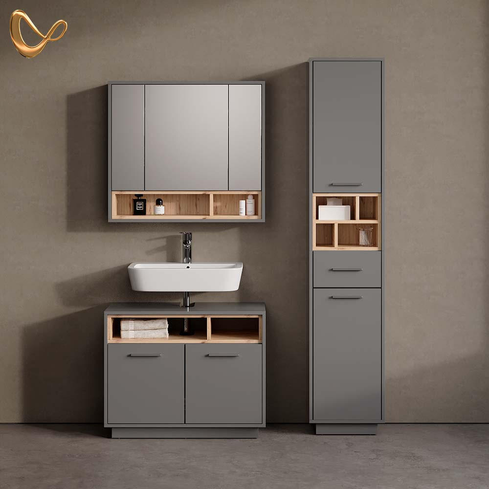 BADMÖBEL-SET Temo Anthrazit 3 Teile, mit Hochschrank - Anthrazit/Sonoma Eiche, Holzwerkstoff (80/64/40cm) - Livinity®