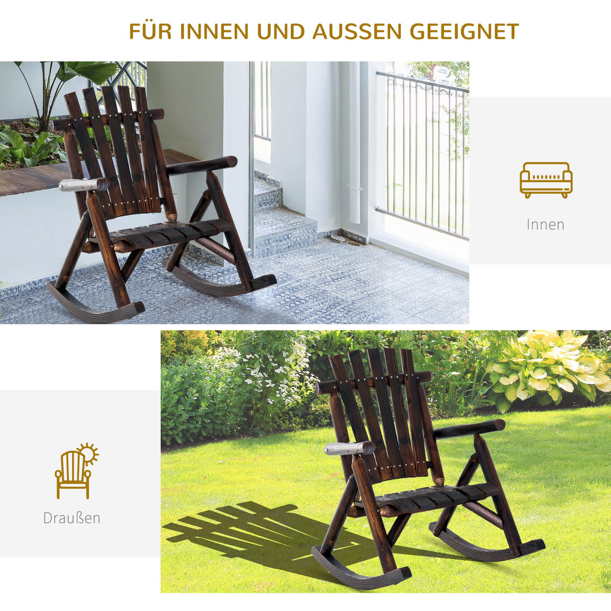SCHAUKELSTUHL mit Armlehne, Wetterfest, Massivholz Verkohlt, 97 x 69 x 93cm - Braun, Holz (69/93/97cm) - Outsunny