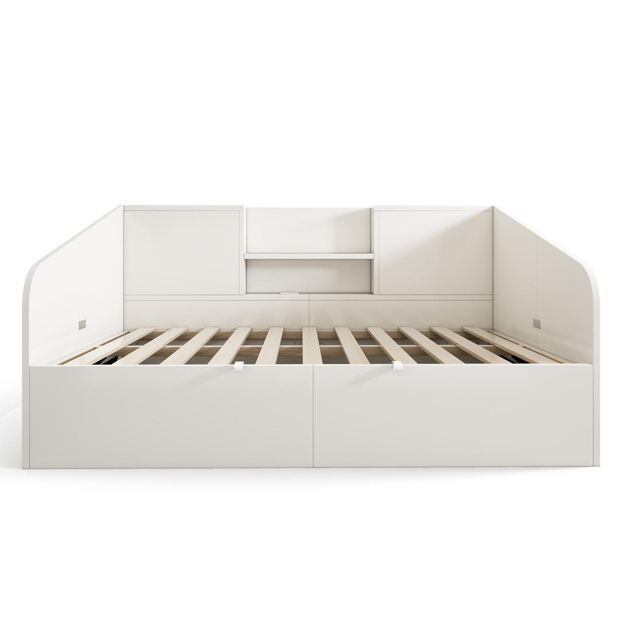 POLSTERBETT 90/200 cm mit USB- und Type-C-Ladestation, hydraulischem Stauraum und Ablagen, Holz, Weiß - Weiß, Textil (90/200cm) - Redom