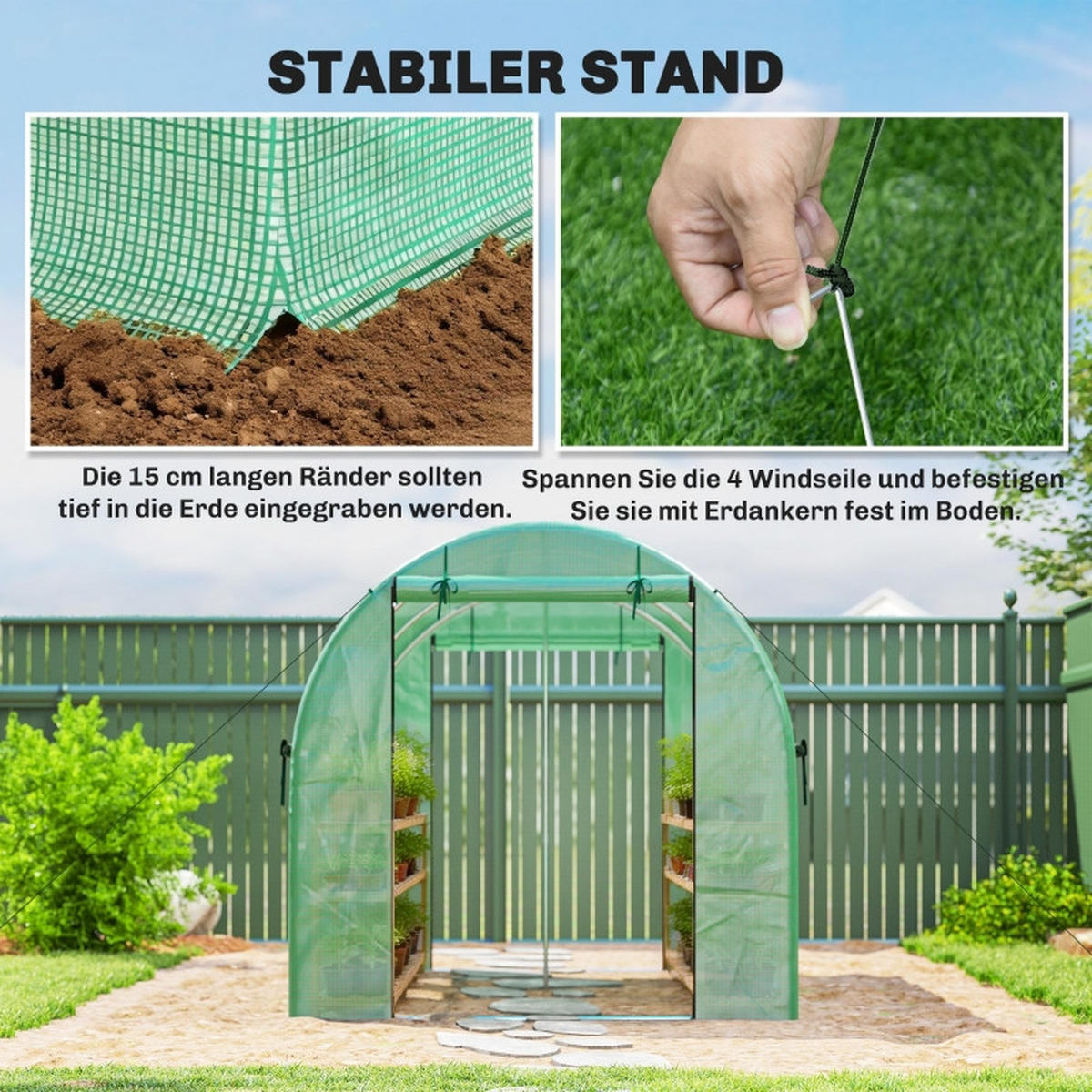 GEWÄCHSHAUS aus Polyethylen 200x300x200 cm in Grün mit 2 Türen & 6 Netzfenstern - Grün, Kunststoff (200/200/300cm) - Modfu