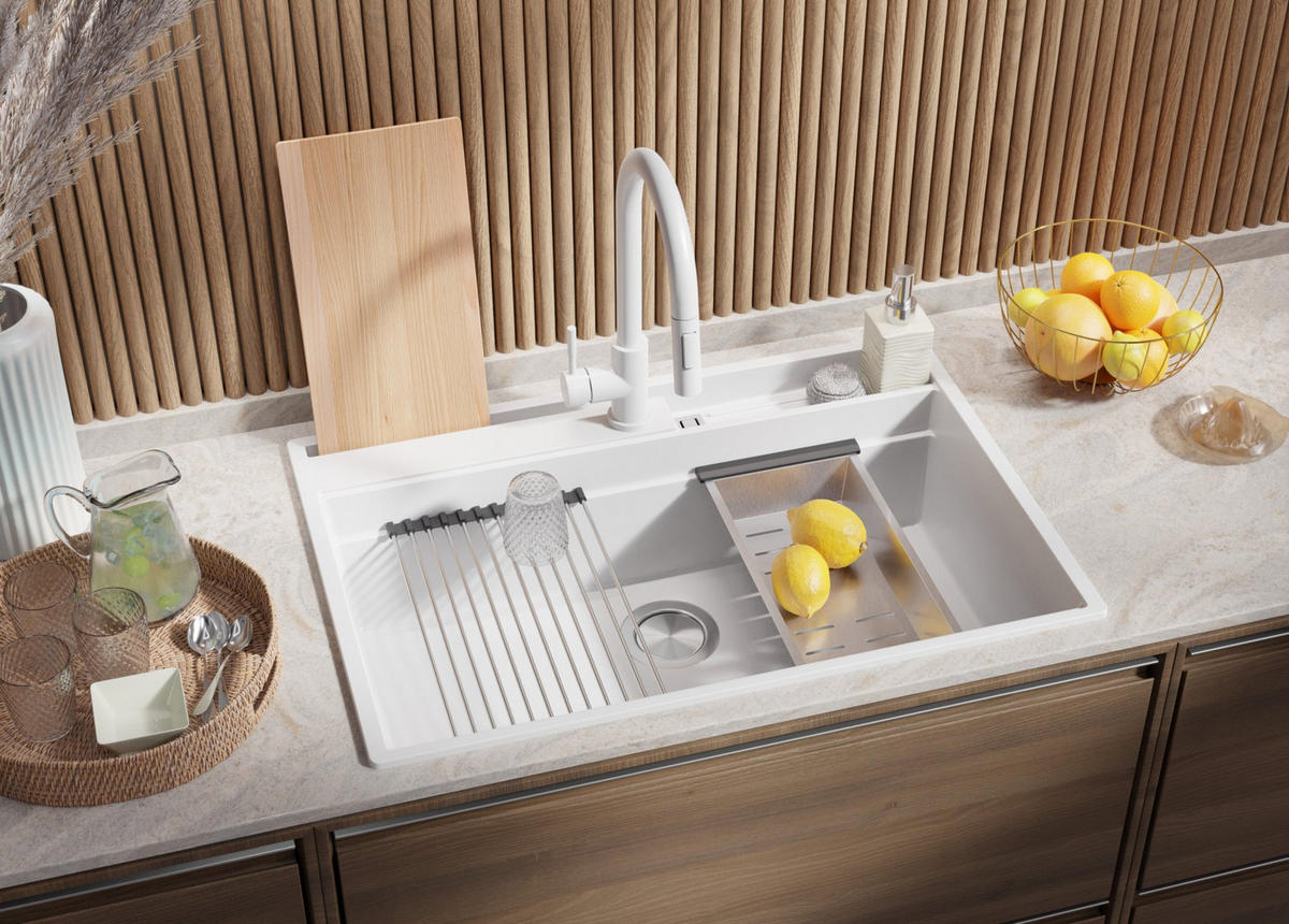 GRANITSPÜLE Oslo Pocket, 2-er set Weiß 78/53 cm 1 Becken + Küchenarmatur 40/20 cm + Ablauf-Set + Küchenzubehörset ab 80er Unterschrank - Chromfarben/Beige, Kunststoff (78/20/53cm) - Primagran