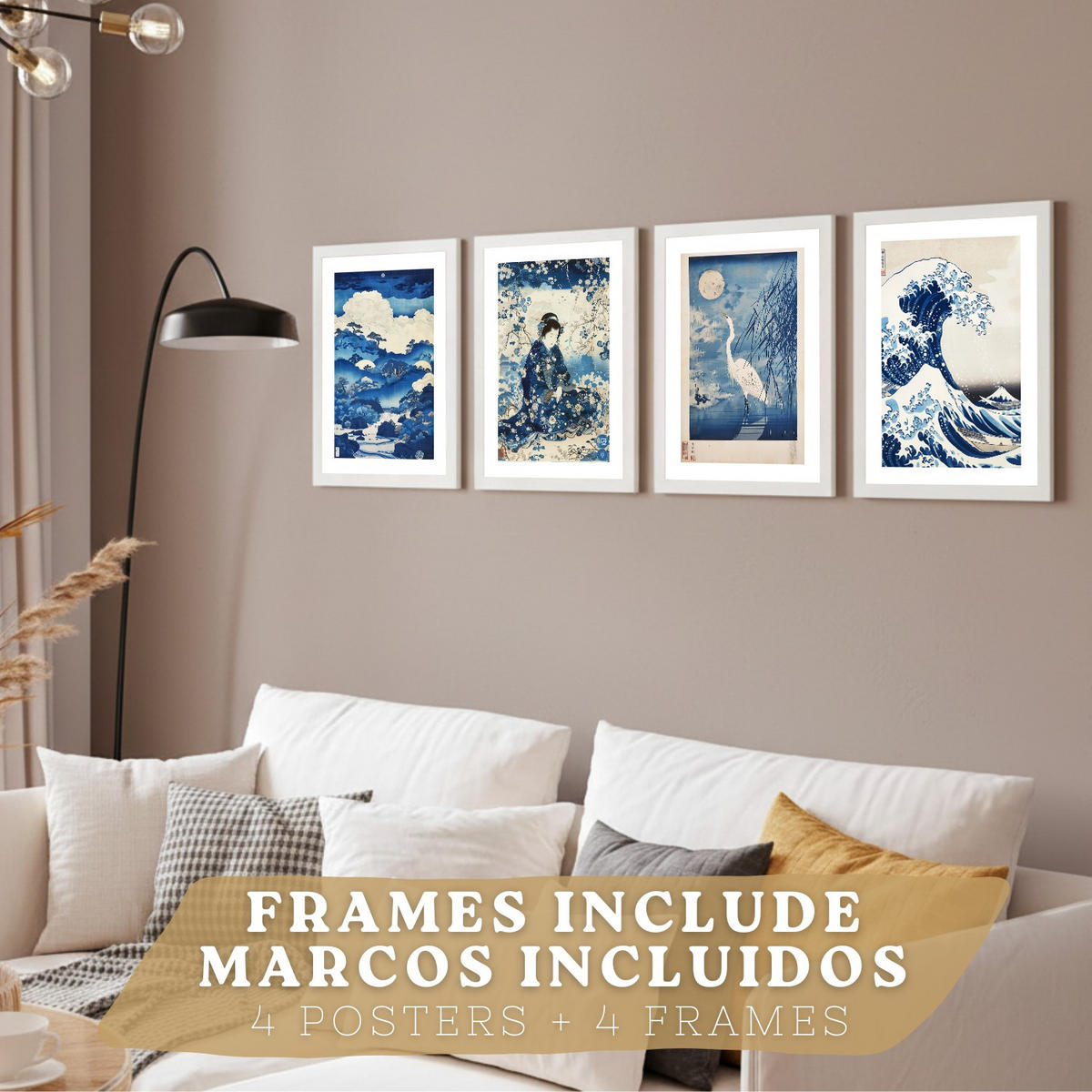PLAKAT Sada 4 Japan Blue A3 Bílý rám - bílá, papír (29.7/1/42cm) - Nacnic