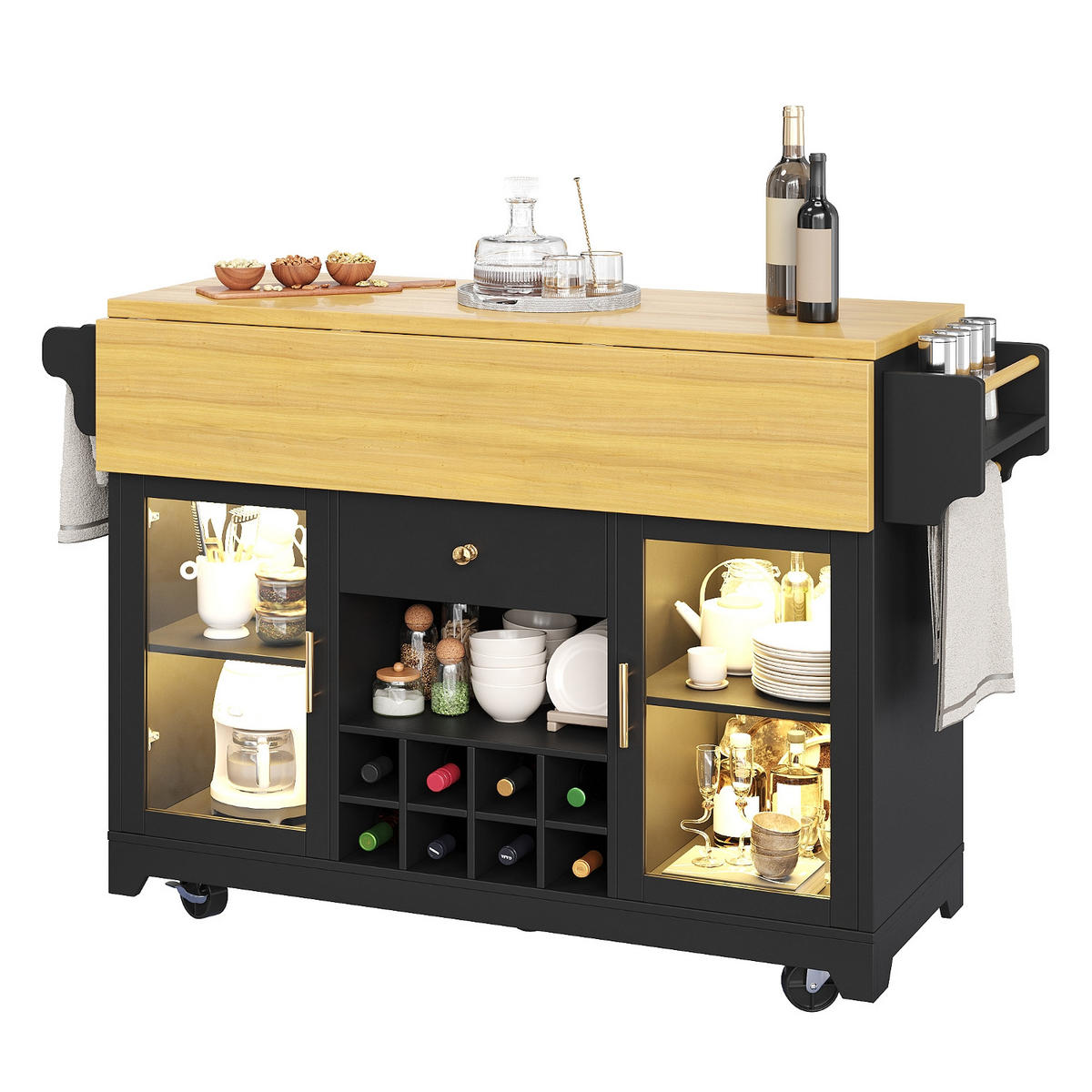 KÜCHENINSEL BEIDSEITIG AUSKLAPPBAR, Mit RGB LED Beleuchtung, 120/80/95 cm - Schwarz, Holzwerkstoff (80/95/120cm) - Rolipo