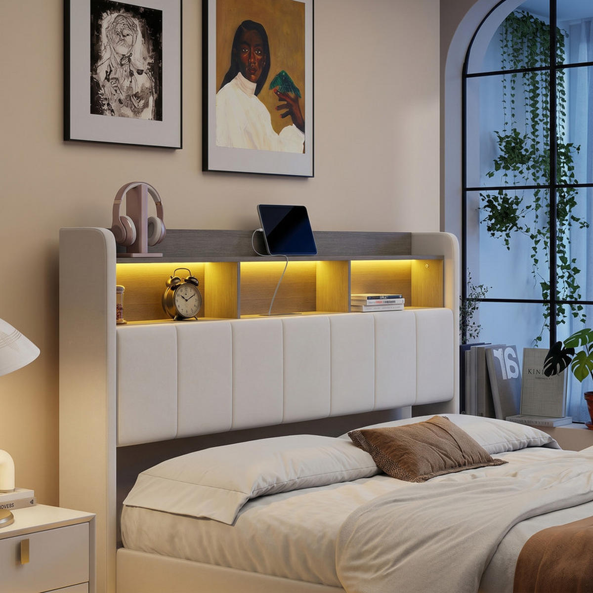 ČALÚNENÁ posteľ 140/200 cm béžová s úložným priestorom a RGB LED osvetlením - béžová, drevo - SHOPENTRA