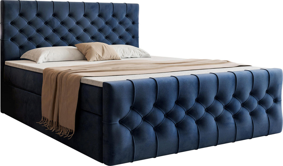 BOXSPRINGBETT Aurora mit Bettkasten, Dunkelblau Samt 180x200 cm – inkl. H3 Matratze und Topper - Schwarz/Dunkelblau, Holzwerkstoff/Kunststoff (180/200cm) - WFL GROUP
