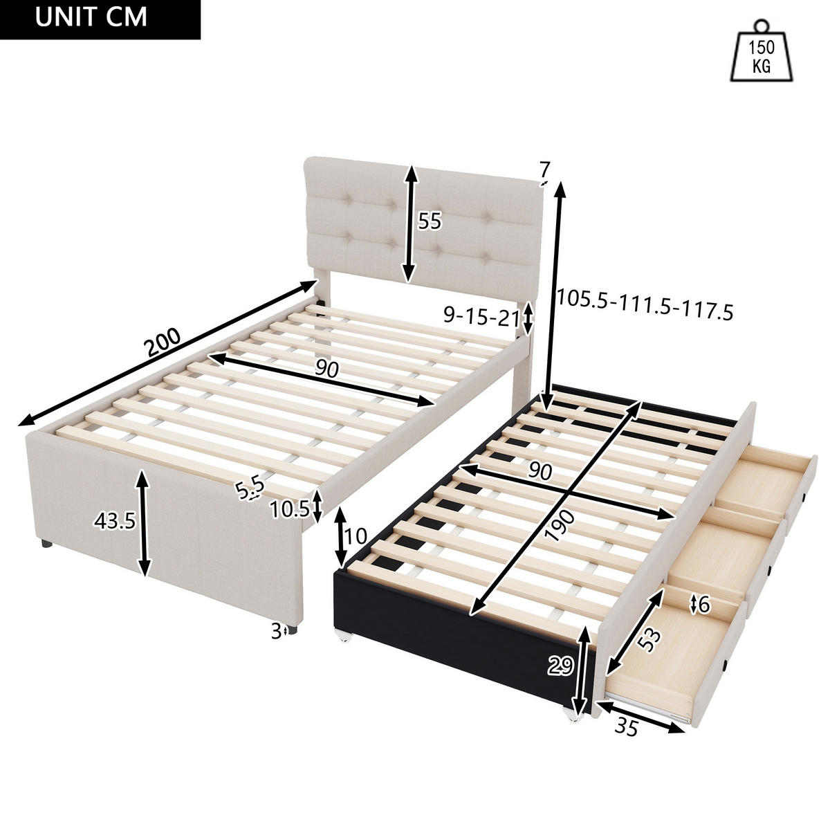 POLSTERBETT 90/200 cm mit ausziehbarem Rollbett, 3 Schubladen und verstellbarem Kopfteil, Beige - Beige, Textil (90/200cm) - Redom