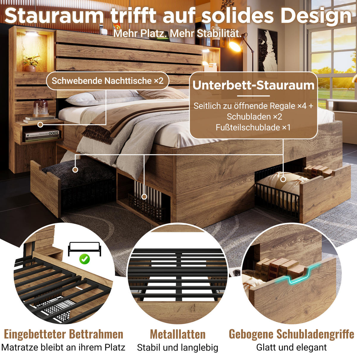 POSTEĽ z drevodekoru, 180/200 cm dubová, s LED osvetlením a USB-C - farba duba, kompozitné drevo (180/200cm) - BEAOK