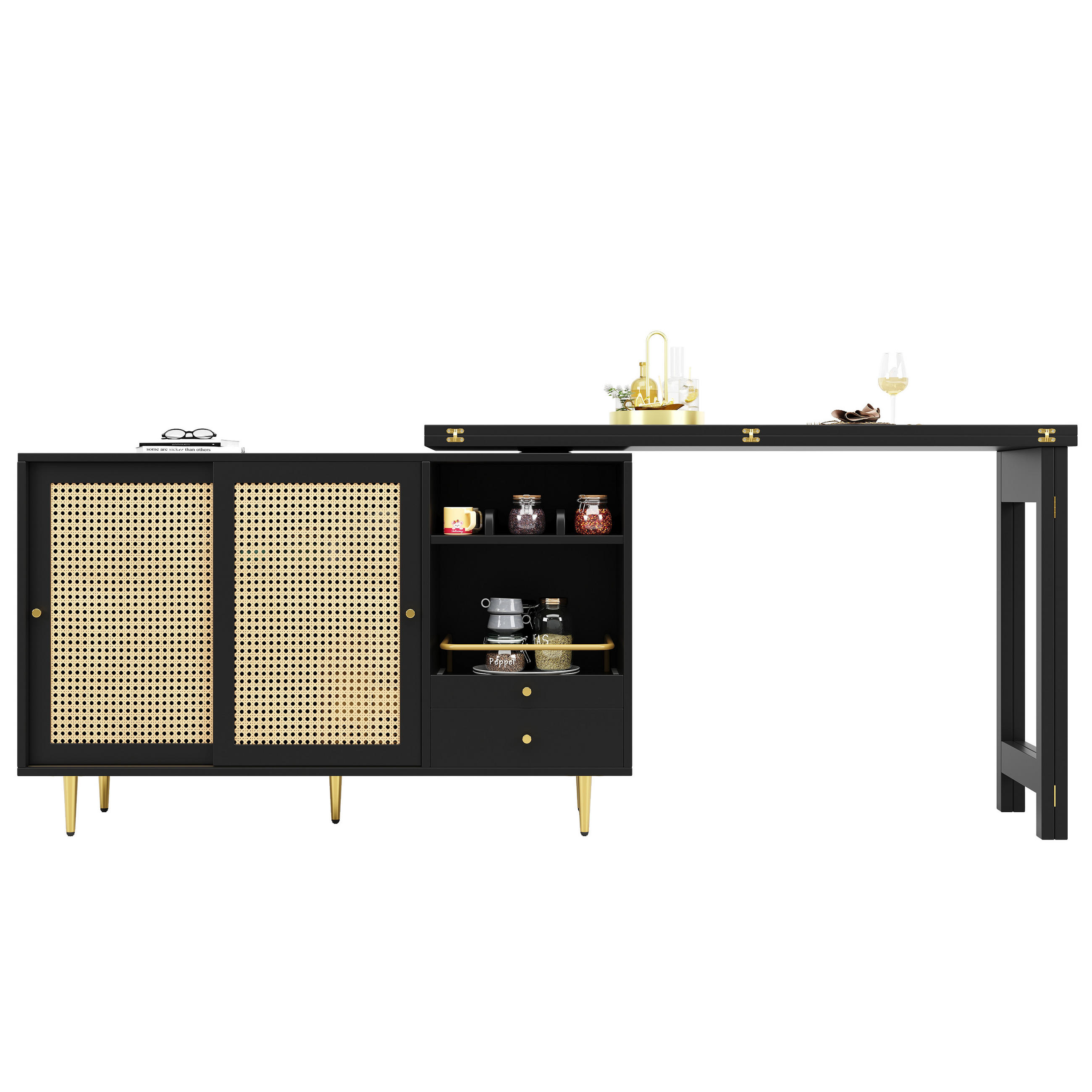 SCHREIBTISCHKOMBINATION mit Rattan-Türen, 187/40/76cm - Schwarz, Holzwerkstoff (187/40/76cm) - Urban Meuble