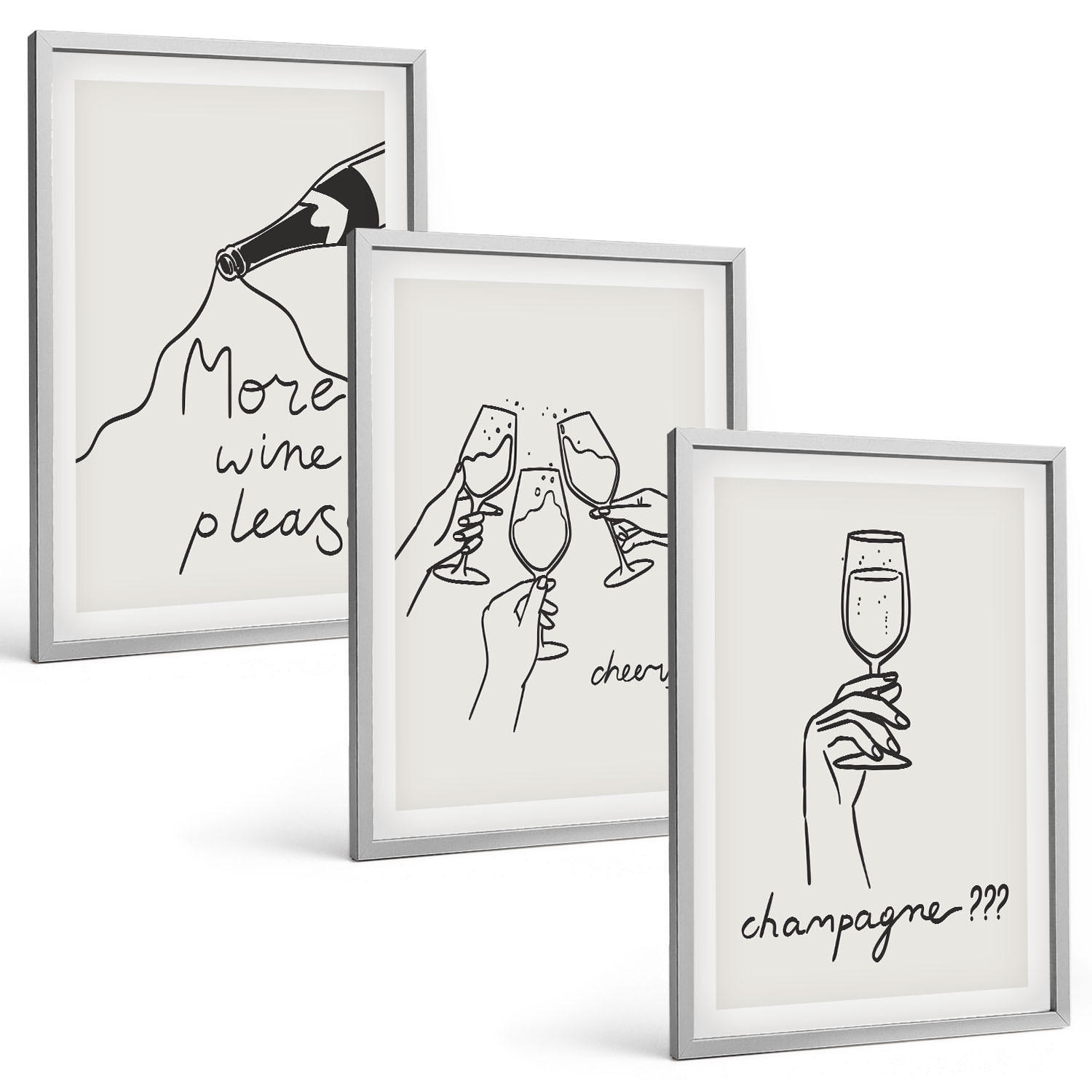 BILDER SET 3er Set - 40x60 cm Silberner Rahmen - Champagner-Wein-Linienzeichnung - Silberfarben, Kunststoff (40/60cm) - TULUP