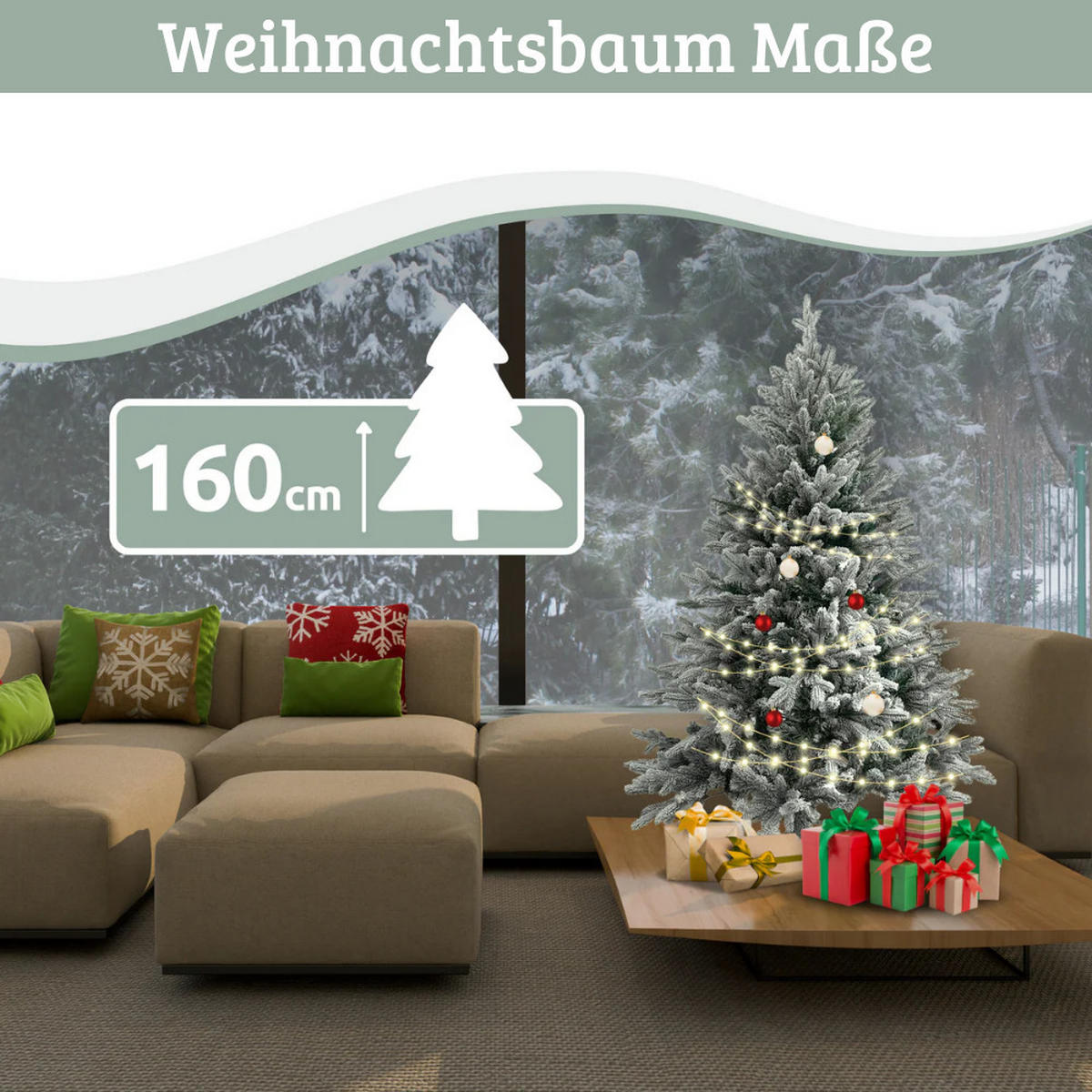 WEIHNACHTSBAUM künstlich 160 cm mit Schnee Inkl. Lichterkette Nordfichte Spritzguss - Weiß, Kunststoff (105cm) - DELUKE